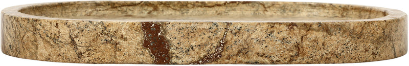 Beige marble tray sidewall with brown speckles and rounded rim.