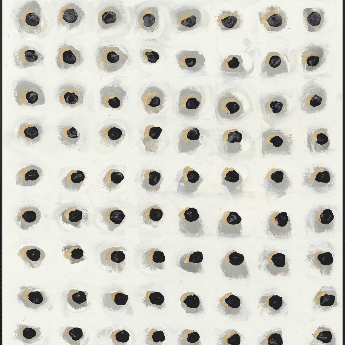 Abstract painting with patterned grid of small dark rings and cream shapes