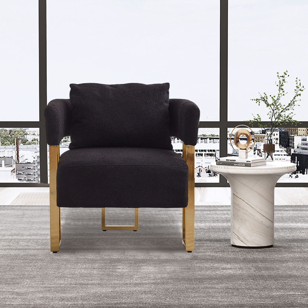 Modern Decorative Chair Teddy Fleece Upholstered And Metal Foot