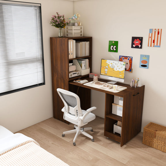 Dark brown office desk with side shelving, open cubbies, and top work surface