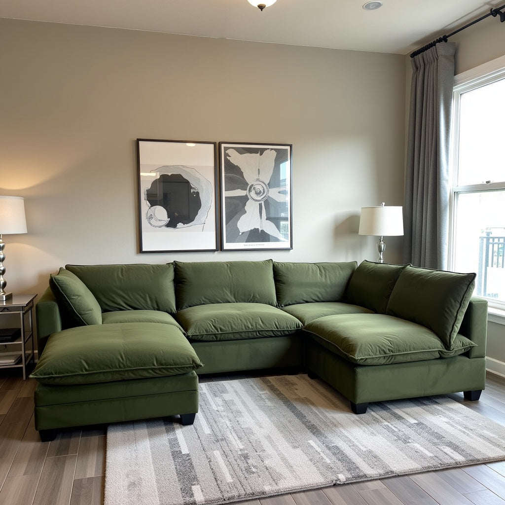 Olive Green Velvet Cloud Sectional